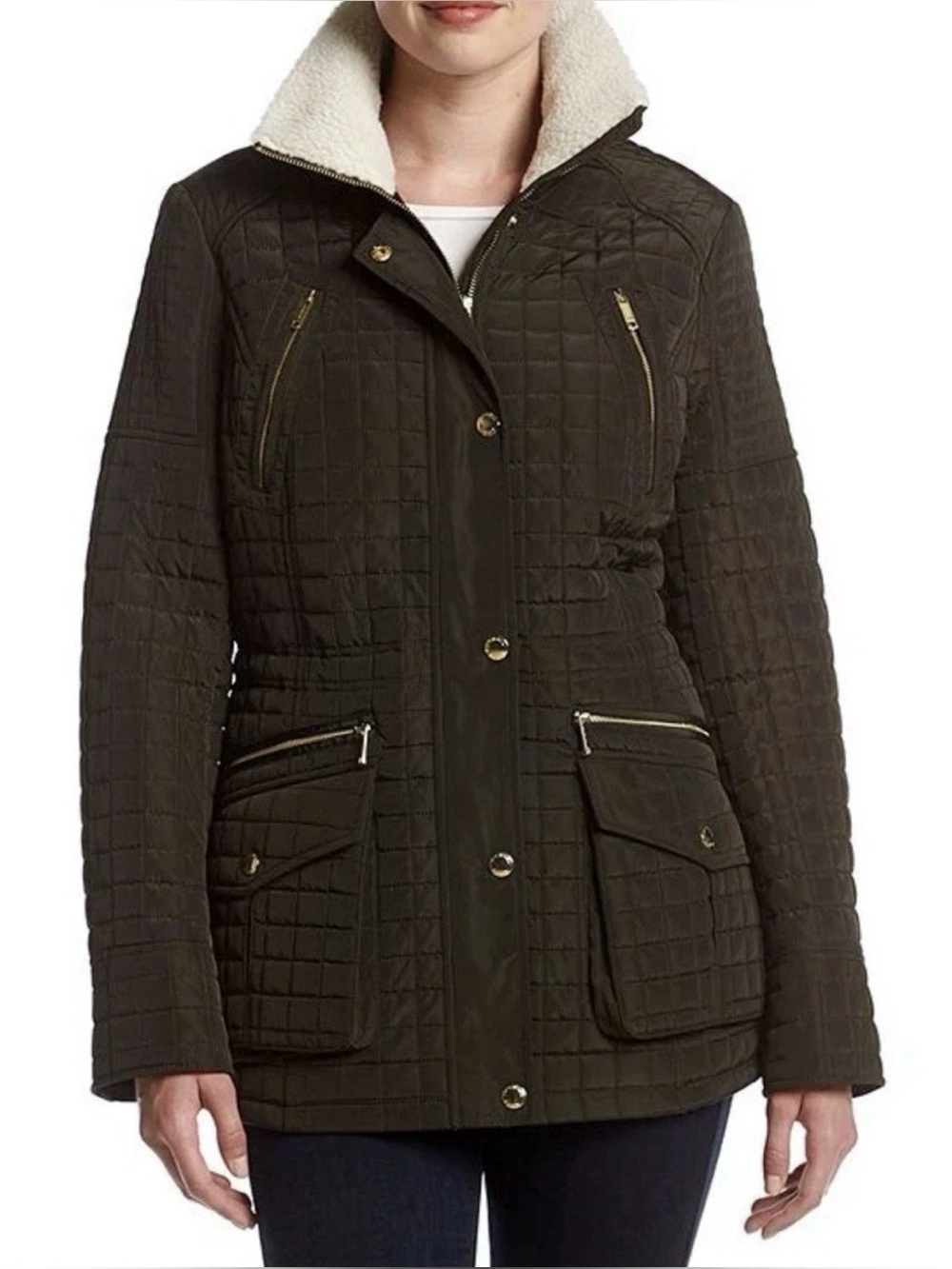 Michael Kors Quilted Puffer Jacket with Sherpa Collar - Olive